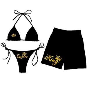 3pc Couples Swimsuit Deal. Black 2pc Bikini Gold “Queen” Black Trunks “King”
